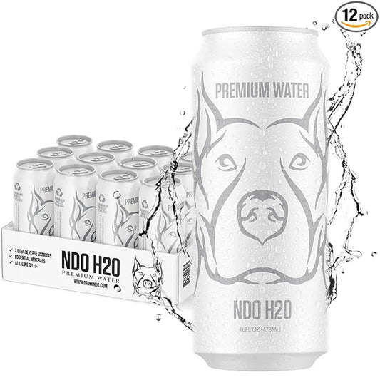 NDO H2O Premium Alkaline Water Case - 12 Pack (16 fl oz, Still) | Reverse Osmosis Purified Canned Water | Tested for Over 400 Impurities | pH 8.1 Balanced | Electrolytes & Minerals