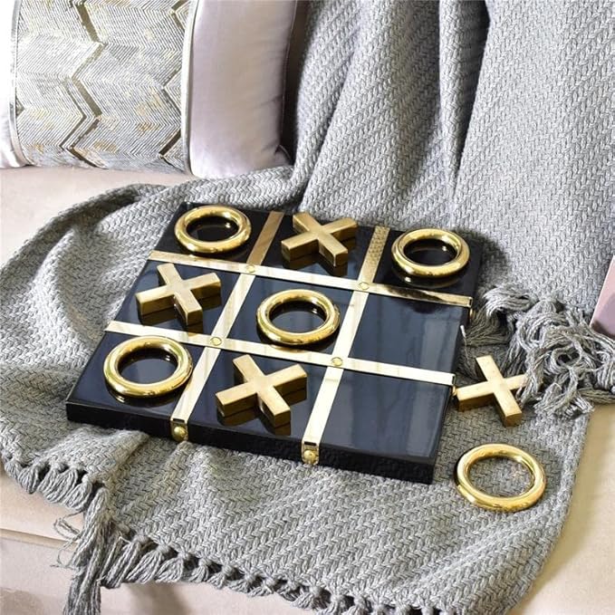 Modern Tic Tac Toe for Home Decoration, Gold and Black Hand Crafted with Black Wood and Gold Color Stainless Steel, Decorative Tic Tac Toe, Table Top Decoration, X/O Board