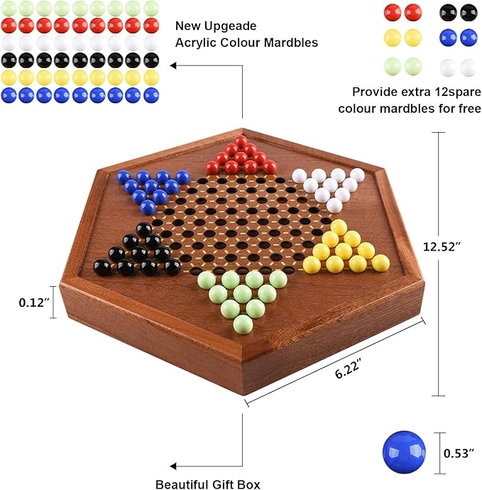 Wooden Chinese Checkers with Drawers 12 Bonus Spare Marbles| Natural Wooden Board Game| Includes 60 Colorful Acrylic Marbles | Family Board Game for Kids and Adults(12.7 Inches)