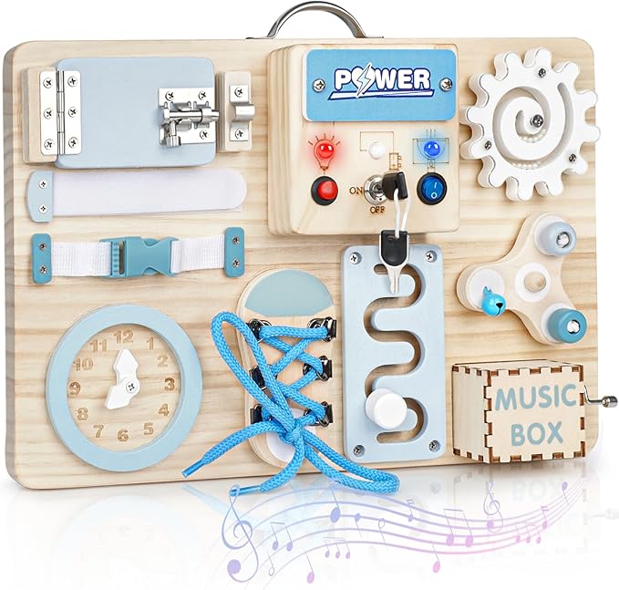 Joyreal Busy Board Montessori Toys with LED Lights, Autism Sensory Travel Toys, Fidget Board Ideal Gift for Boys Girls Wooden Toddler Toys