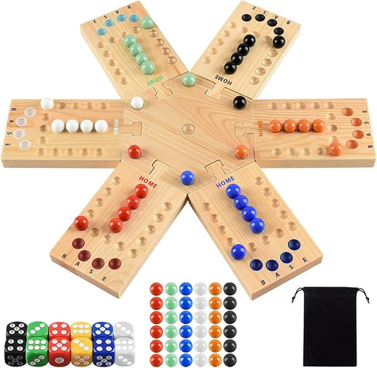 Deeper Holes & Larger Marbles Original Wooden Marble Board Game, Portable for 2-6 Players, Wahoo Game with 36 Marbles & 12 Dice for Family, Friends, Party, Travel, and Camping