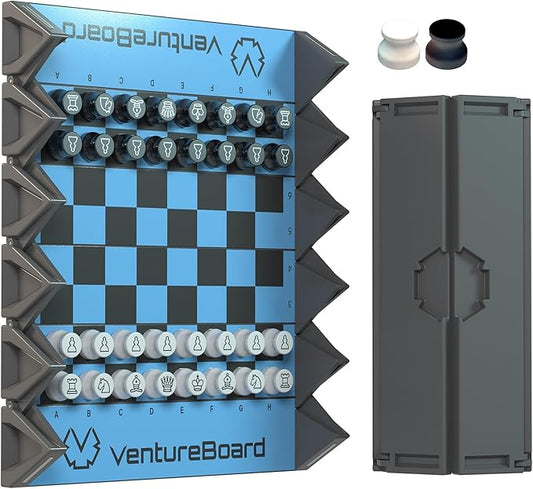 New VENTUREBOARD 6 Inches Magnetic Unique Chess Set Board Game - 2 Extra Queens - Folding Board, Portable Travel Chess Board Game Pieces - (Blue/Grey)
