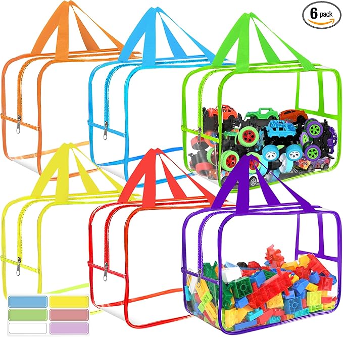 6 Colors Extra Large Toy Storage Bags 12.6×9.25×6.9In with Labels, Reusable Clear PVC Board Game Storage, Travel Waterproof Organizer Bags with Zipper for Building Blocks, Puzzle, Stuffed Animals
