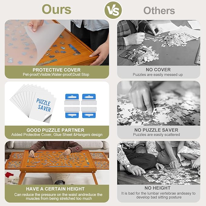 TEAKMAMA 1500 Piece Wooden Jigsaw Puzzle Board with 4 Drawers, Folding Puzzle Table with Protective Cover, Jigsaw Board with Legs, Multifunctional Game Table for Adults, 34W x 26.3D, Brown