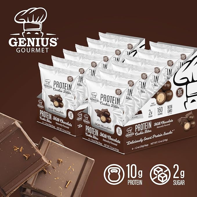 Genius Gourmet Protein Cookie Bites Milk Chocolate - 10g Protein, No Added Sugar, Low Carb, Non-GMO - Sweet Protein Desserts & Protein Snacks for Adults and Kids - 12 Bags