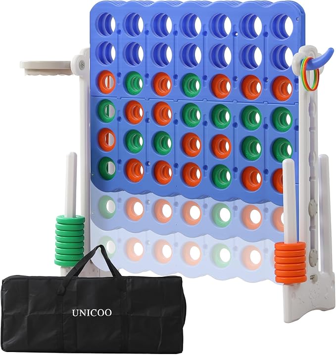 UNICOO® Height Adjustable Jumbo 4-to-Score Game, 4 in A Row Game with Basketball Hoop, Ring Toss, Carrying Bag, Indoor Outdoor Yard Game, Parties & Family Gatherings