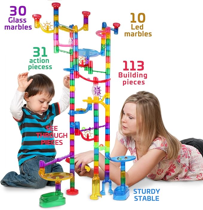 Meland Marble Run Sets for Kids - 153Pcs Marble Race Track Maze Madness Game STEM Building Tower Toy for 4 5 6 + Year Old Boys Girls(113 Pcs + 30 Glass + 10 Led Lighted)