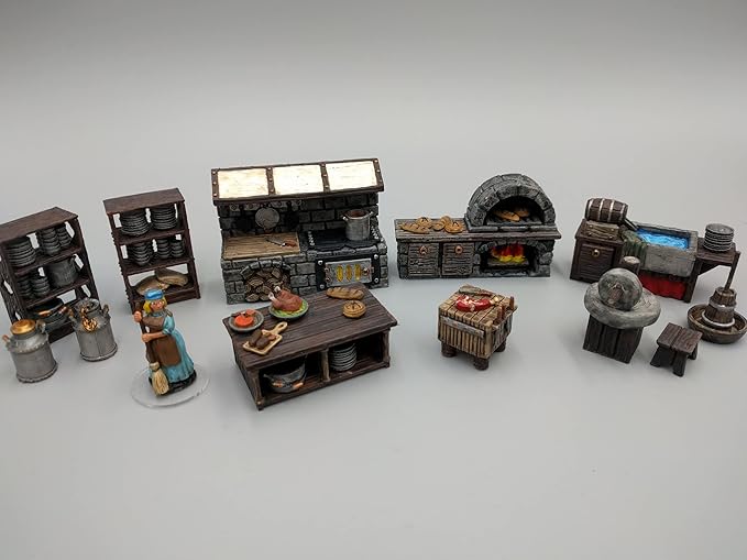 Inn and Tavern Kitchen Furniture Set DND Terrain 28mm for Dungeons and Dragons, D&D, Pathfinder, Warhammer 40k, RPG, Miniatures, Age of Sigmar, Tabletop, D and D, Dungeons and Dragons Gifts