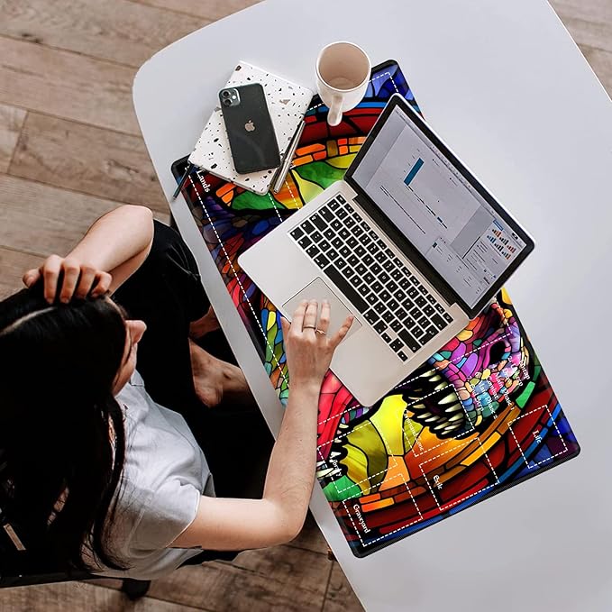 Playmat with Zones for MTG Card Game Playing, Tabletop Magic Play Mat 24"x14" Commander Deck Gaming Desk Duel Mat for Beginner, Stained Glass Retro T-Rex