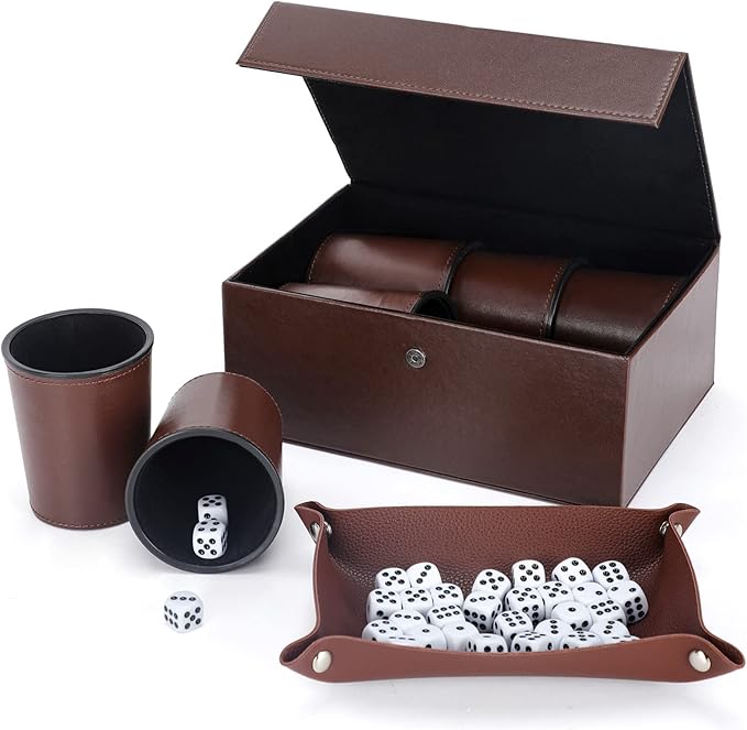 Party Games Leather Dice Cup Set, 6 Black Leather Dice Cups +30 Dice + Exclusive Storage and Transport Case Made of Faux Leather