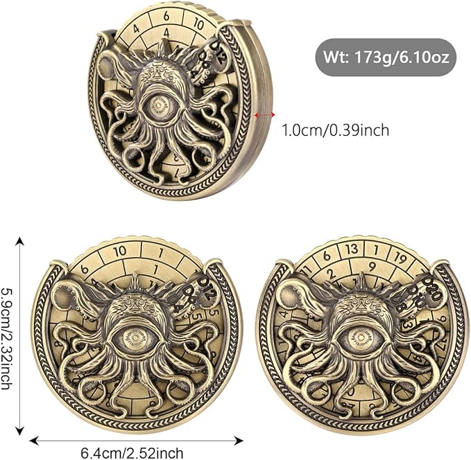 Spinner DND Dice Set, 7-in-1 Metallic D&D Dice, One-Eyed Octopus Roulette Dice Spinner for DND Dice Set, D&D Gifts with Gift Box, Role Playing Game Board Game Accessories, Bronze