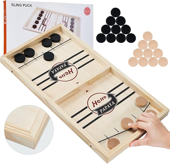 Fast Sling Puck Game - Test Your Speed and Accuracy with This Fast-Paced Wooden Air Hockey Desktop Battle Board Game - Guaranteed Fun Gifts for Family Night or Friends Party