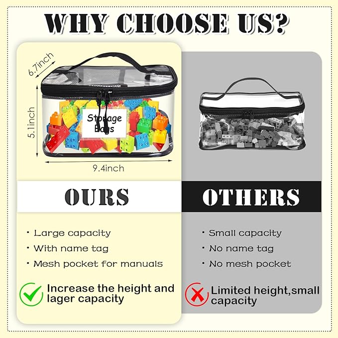 8 Pack Large Clear Toy Storage Bags with Zipper - 9.4x6.7x5.1In Waterproof PVC Organization for Lego, Building Blocks, Board Games & Puzzles - Includes Name Tag (Black)