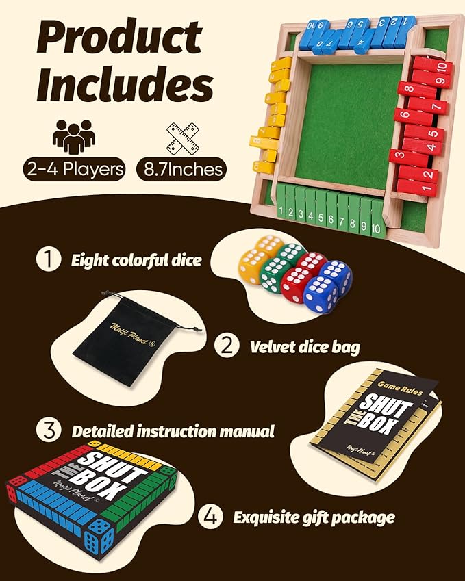 Shut The Box for 2 4 Players Math Family Game Night Quick Dice Game for Party Camp Bar Travel Class School Wooden Classic Table Top Board Game for Adults Kids Couple Elder 8.7" Portable
