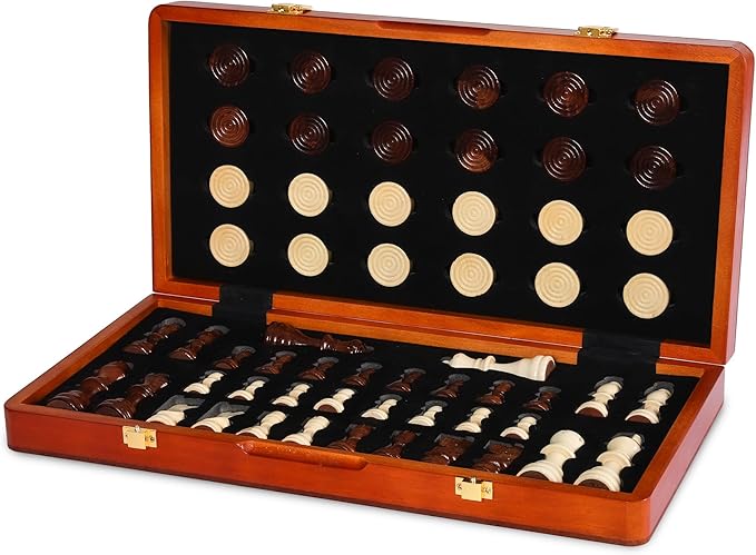 15'' 2 in 1 Wooden Magnetic chess and checkers set (2 Extra Queens, Foldable Chess set & Cotton Storage Bag) Magnetic Chess Sets for Adults with Color Gift Box, Handmade Checkers Board Game