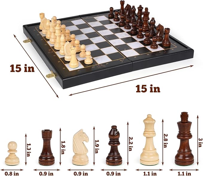 15-Inch Wooden Chess Set – Premium Folding Wooden Chess Board with Carved Chess Pieces, Built-in Storage, Portable and Travel-Friendly Chess Game Sets for Adults and Kids