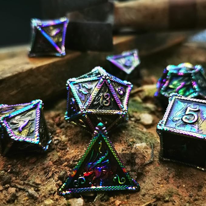 HAOMEJA DND Dice Metal Dragon Set Dice 7 Role Playing Dice D&D Solid Dice Dungeons and Dragons (Colorful Black)