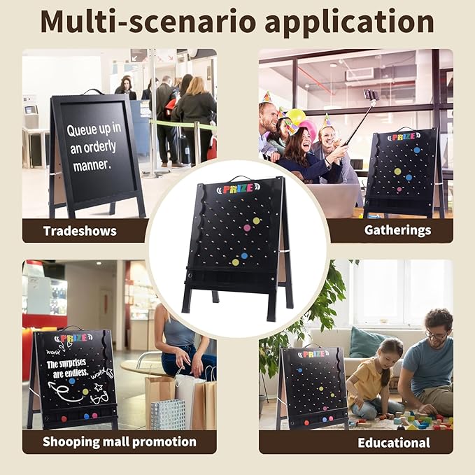 Prize Drop Game Board, 21"x30" Double-Sided Foldable Design with Wooden A-Frame Chalkboard Sign for Family, Carnival, Trade Show & Party - Includes 10 Coin Drop Discs and Chalk Set, Portable Design