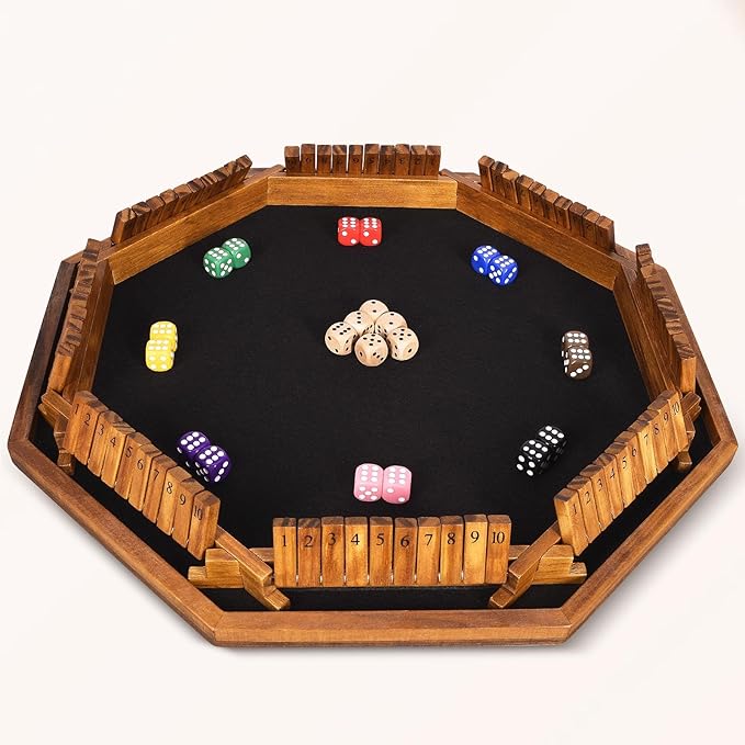 VAMSLOVE Upgraded 2-8 Players Shut The Box Dice Game-8-Way Wooden Board Table Math Game with 16+6 Dices - Close The Box Game for Kids, Adults Families Party Club (Instruction Included)