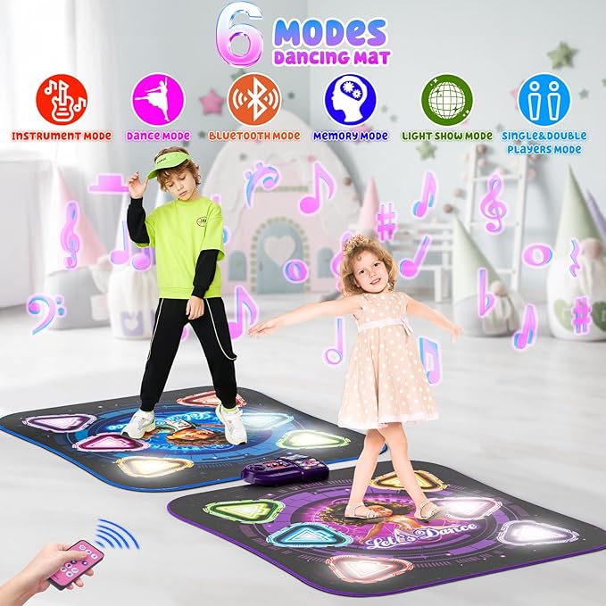 Dance Mat, 2025 Light Up 2-Player Opposing Dance Pad with Single & Double Player Modes, 12-Button Dancing Toys Music Games with Wireless Bluetooth, Birthday for 3-12 Year Old Boys Girls