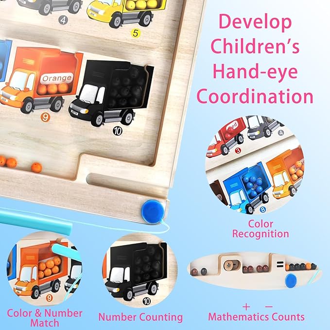 Magnetic Color & Number Maze Matching Game Montessori Wooden Toddler Toys Mathematical Calculations Fine Motor Skill Early Development Toy for 3-5-Year-Olds