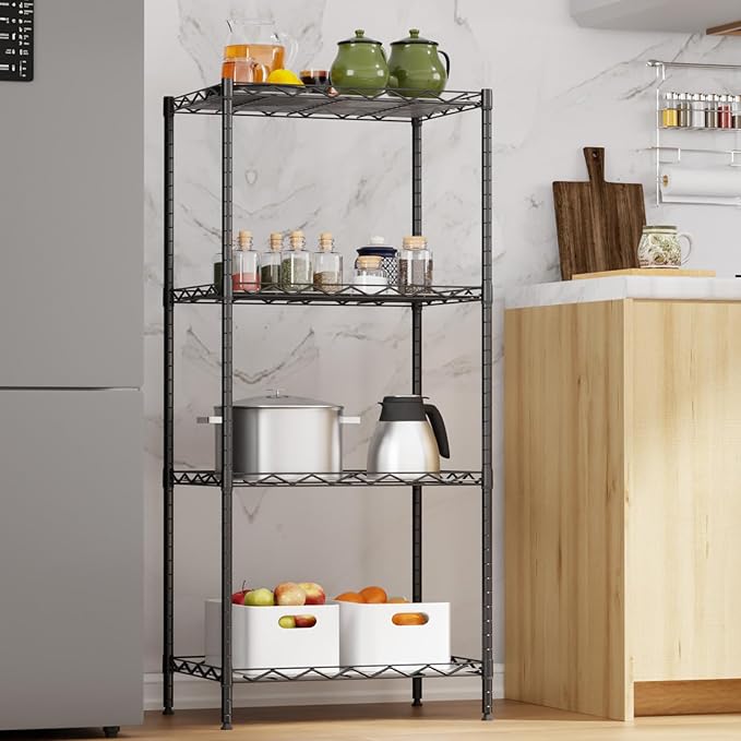 4-Tier Wire Shelving Unit 600 lbs Weight Capacity Storage Shelves Metal Frame Garage Shelves Easy Installation Metal Shelves for Home Kitchen Garage Pantry, 12" Dx18 Wx44 H, Black