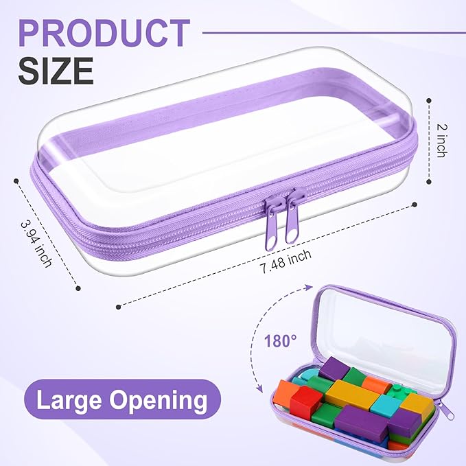 Hoolerry 4 Pcs Hard Clear Zipper Case Transparent Cases for Snacks Makeup Bag Plastic Storage Box Containers for Building Blocks, Puzzles, Cosmetics(Purple,7.5 x 3.9 x 2 in)