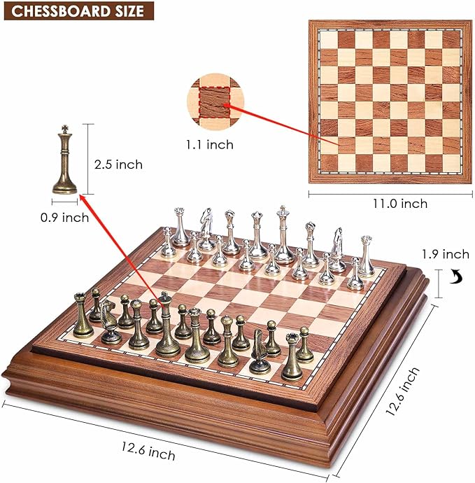 AMEROUS Wooden Chess Board Set with Pieces Storage for Adults Kids, 12.5 Inch Chess Set with Metal Pieces, Unique Chess Game for Tournament Professional Beginner
