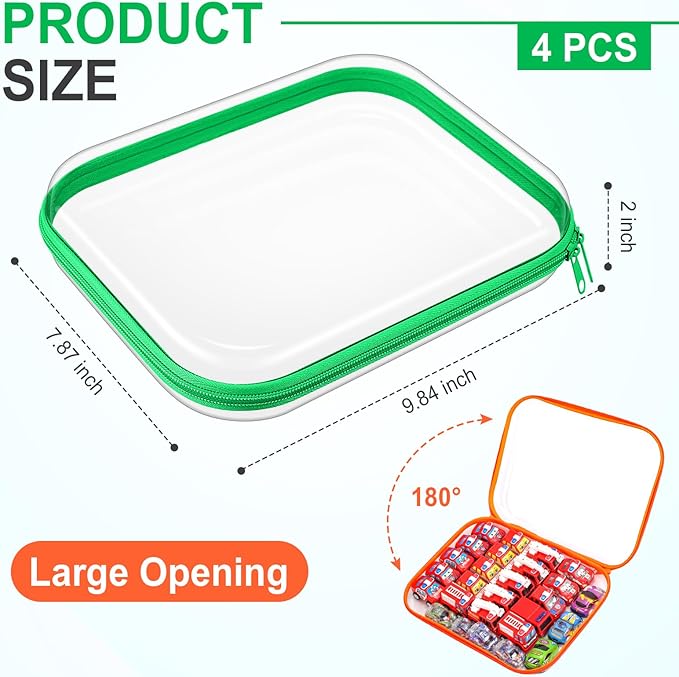 Hoolerry 4 Pcs Hard Clear Zipper Case Transparent Cases for Snacks Makeup Bag Plastic Storage Box Containers for Building Blocks, Puzzles, Cosmetics (Fluorescent,9.8 x 7.9 x 2 in)