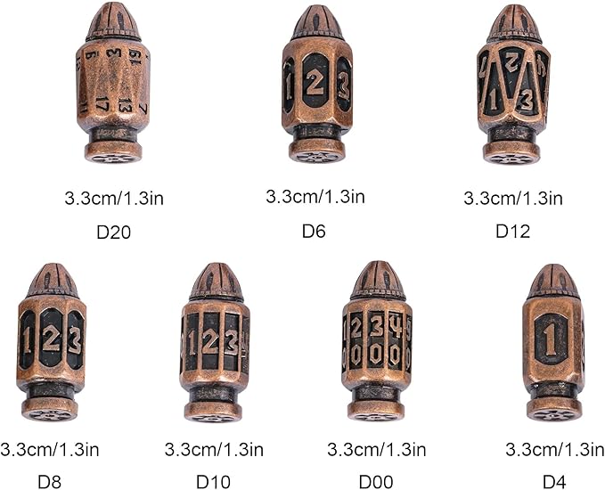 UDIXI Metal DND Bullet Dice Set with Unique Container, 7-Die Solid Polyhedral Metal Dice Set for D&D, Role Playing Game or Other Tabletop Games（Copper）