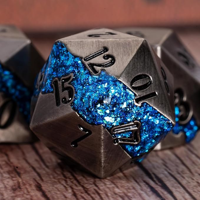 Metal DND Polyhedral Dice,Large Stripe Glitter Metallic Dice Set,Antique Silver Dice 7pcs Set for Role Playing Games