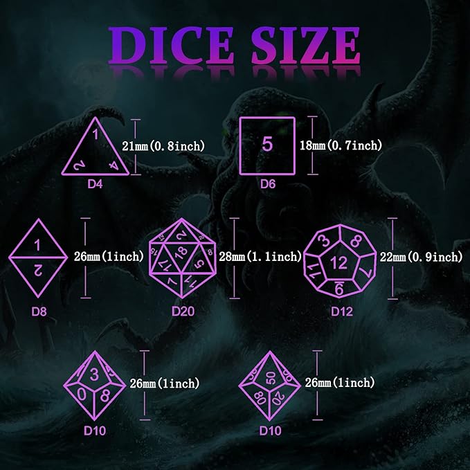 DND Dice for Dungeons and Dragons Polyhedral Dice Set Metal Role Playing D&D Dice HNCCESG Hollow Cthulhu Gaming for Table Game RPG (Purple Number)