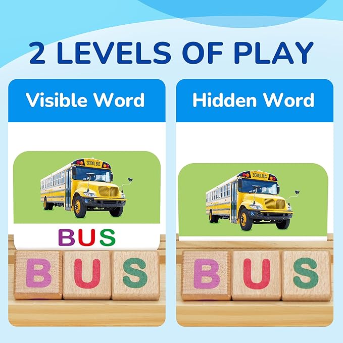 BenBen Spelling Games with Flash Cards, Montessori Toys for 3 4 5 6 Years Old Kids, Wooden Matching Letters Games, CVC Word Educational Learning Toys, Gift for Preschool Kindergarten