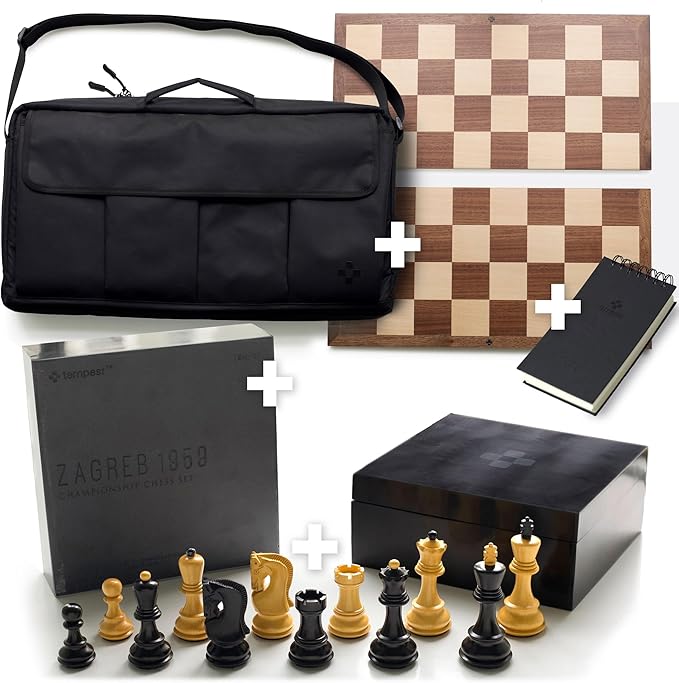 TEMPEST Zagreb 1959 Chess Ensemble (Without Clock) :: Wooden Chess Set + Hardwood Portable Chess Board + Weatherproof Carry-All Bag + Lacquer Storage Box + Scorebook
