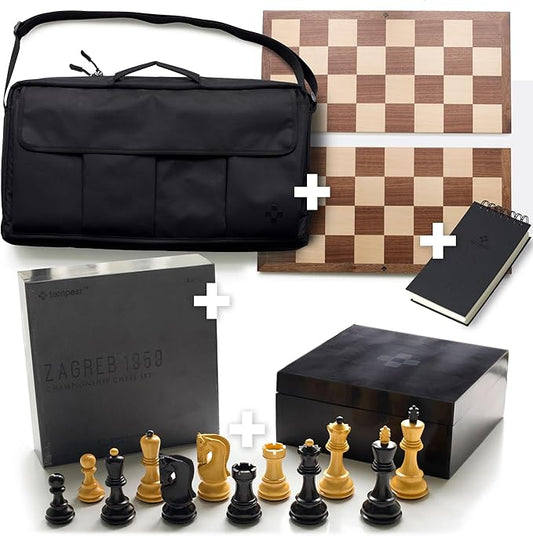 TEMPEST Zagreb 1959 Chess Ensemble (Without Clock) :: Wooden Chess Set + Hardwood Portable Chess Board + Weatherproof Carry-All Bag + Lacquer Storage Box + Scorebook
