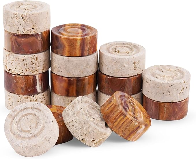Marble Checkers 1.25 Inch Brown and Travertine Stone Pieces for Classic Checkers Board Game, Tabletop Strategy Set for Adults & Family, Travel, Outdoor Play