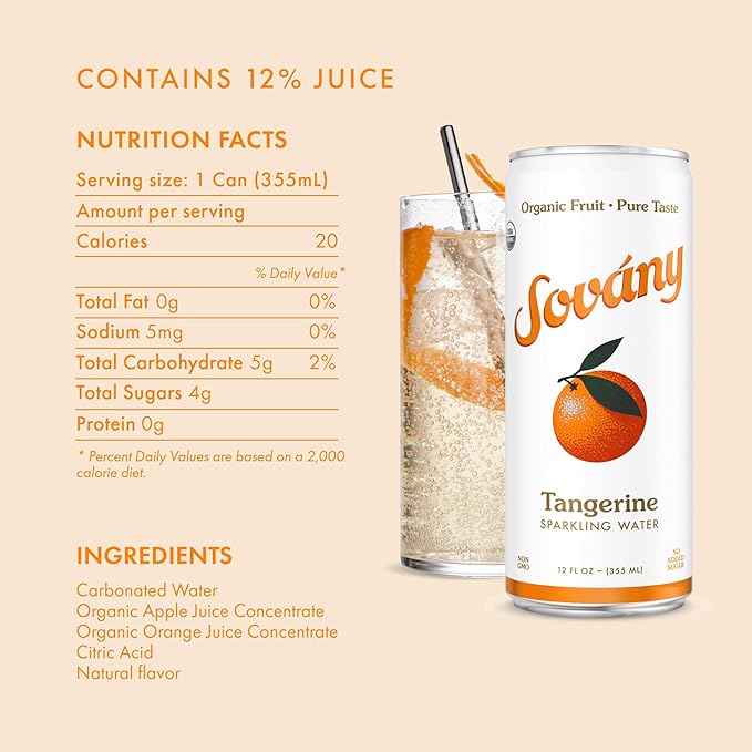 Sovány Sparkling Water, Tangerine, Seltzer Water Drinks, USDA Organic, Made With Real Fruit, Non-GMO, Vegan, No Added Sugar, Low Calorie, 12 fl oz, 12 Pack
