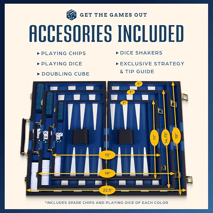 Get The Games Out Top Backgammon Set - Small Travel Size Classic Board Game Case - Best Strategy & Tip Guide (Blue, Small)