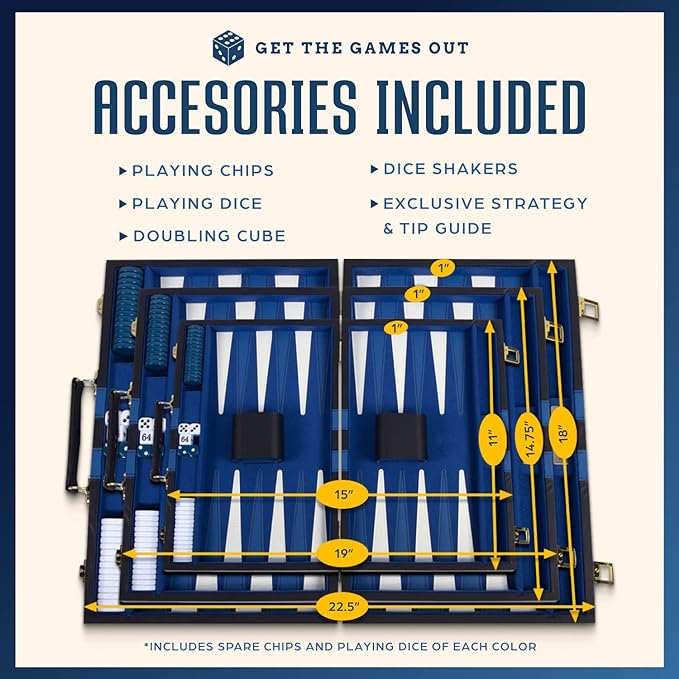 Get The Games Out Top Backgammon Set - Small Travel Size Classic Board Game Case - Best Strategy & Tip Guide (Blue, Small)