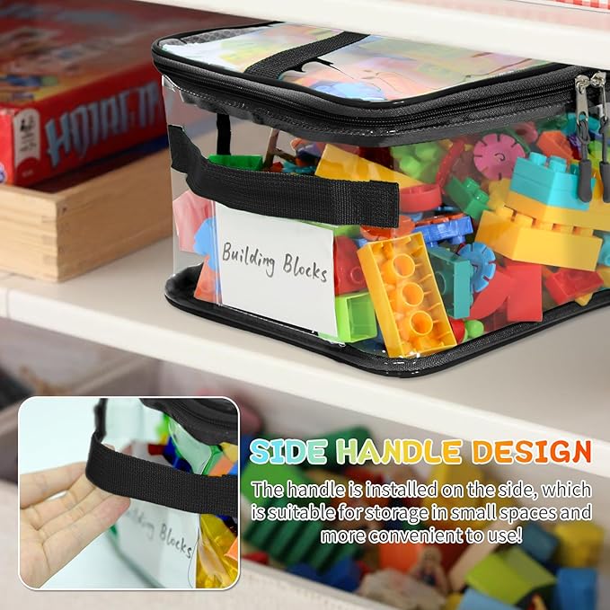 8 Pack Extra Large Clear Toy Storage Bags, Large Capacity Transparent Waterproof PVC Toy Organizing Bags with Name Tag and Manual Pocket for Building Blocks Board Games, Puzzle, Kids Books (Black)
