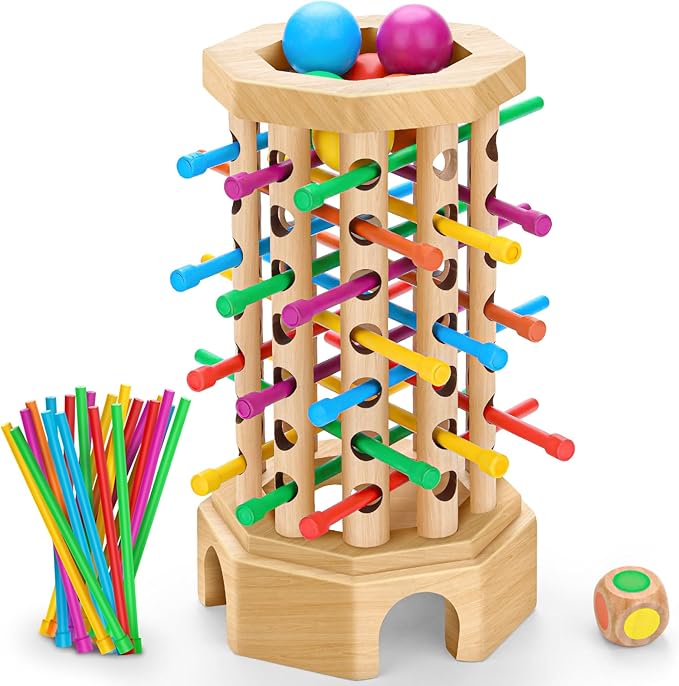 Montessori Wooden Board Game for Kids 3-6 Years - Educational Learning Toy with Colorful Sticks, Dice& Balls - Fine Motor Skills, Classic Tower Games for Family Night - Gift for Toddlers Boys Girls