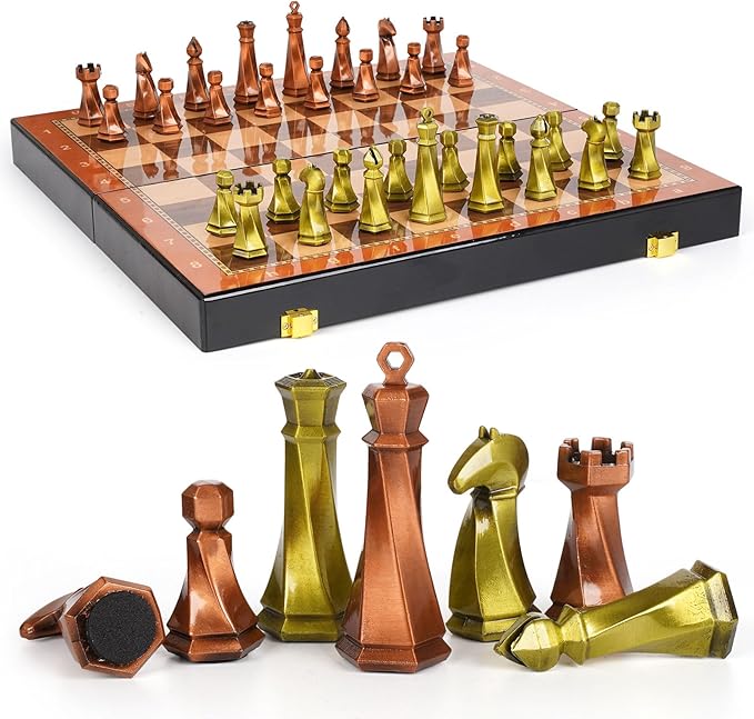Large Metal Chess Set for Adults – 15" Wooden Chess Board with Metal Chess Pieces Travel Chess Sets with Metal Chessmen – Collectible Elegant Chess Game – Family Vintage Board Game