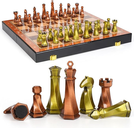Large Metal Chess Set for Adults – 15" Wooden Chess Board with Metal Chess Pieces Travel Chess Sets with Metal Chessmen – Collectible Elegant Chess Game – Family Vintage Board Game