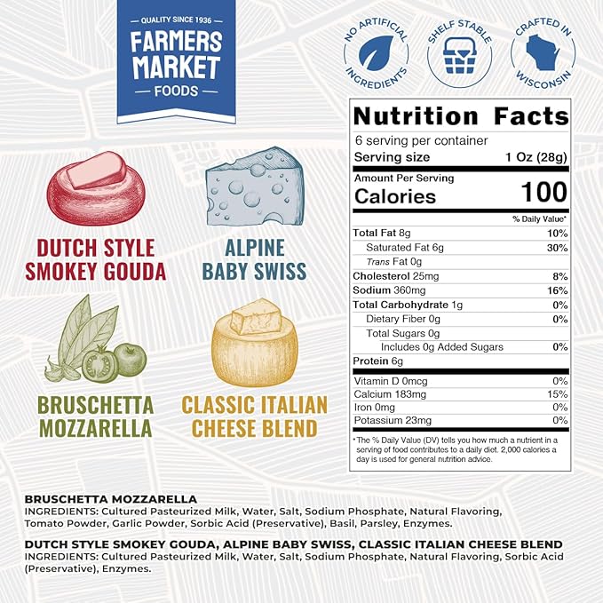 Farmers' Market Cheese Block Assortment 6oz 4-Pack, Shelf Stable, Pasteurized, Locally Sourced Wisconsin Cheese (Assortment, 4 Count)