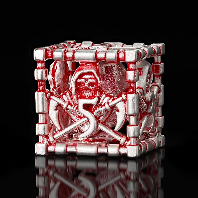 DND Dice Set,HNCCESG DND Hollow Polyhedral Dice Red White Grim Reaper Metal 7Pcs Dice Set with Gift Box for Dungeons and Dragon Tabletop Game for MTG RPG(Matt red White)