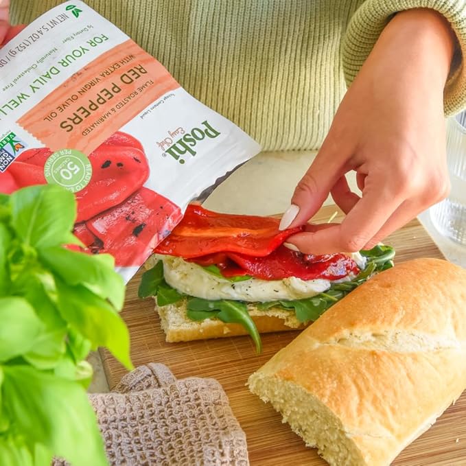 POSHI Flame Roasted Red Peppers in Extra Virgin Olive Oil Natural, Keto, Vegan, Non GMO, Low Carb + Calorie, Gluten Free, Ready to Eat, Fully Cooked Vegetables, Pentry Food, Gourmet, 6 Pack, 5.4 oz