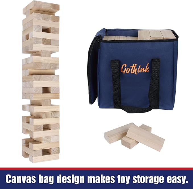 GOTHINK Giant Tumble Tower Game, Large Tumbling Tower Stack to Over 3.2 FT 60pcs Wooden Jumbo Blocks for Outside Yard Games with Carry Case Timber Stacking Game Night Toy Gift for Kids Adults Family