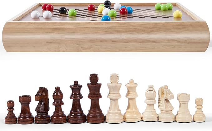 VAMSLOVE 13" Chess Chinese Checkers 2 in 1 Wooden Board Game Set with Pieces Storage Drawer - 2 Extra Queens, Bonus Marbles, for Birthday Gift (Instructions Included)