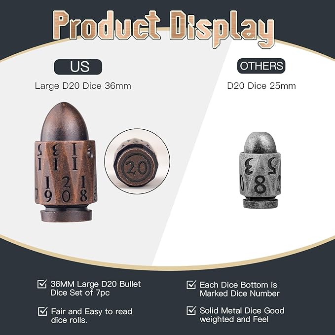 Bullet Dice PCCECQEE,Metal DND Dice Set of 7 Piece,Large D20 Dice Polyhedral Role Playing for Dungeons and Dragons MTG RPG Board Games (Copper)