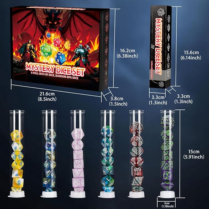 QMAY Mystery Dice Box - 48PCS DND Dice Set, Random Dice Patterns, 6 Surprise Boxes, Polyhedral Dice with Dice Display Tube, D&D Gifts Box for Dungeons and Dragons, RPG, MTG,Role Playing Table Game